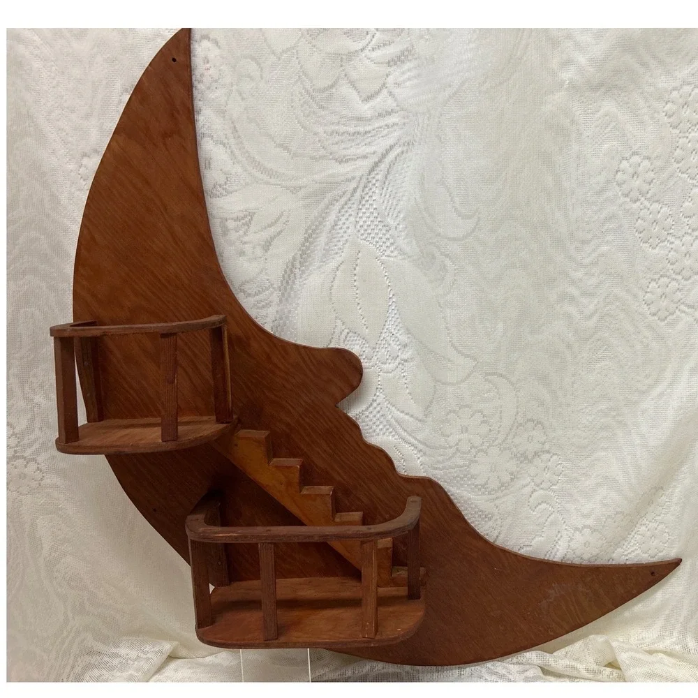 Vintage Man in the Moon Wooden Wall Shelf Folk Art Crescent Celestial Trinket